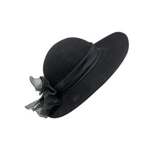 Arlin Black Wool Wide Brim Hat Vintage 1950s Bow Trim Made in USA